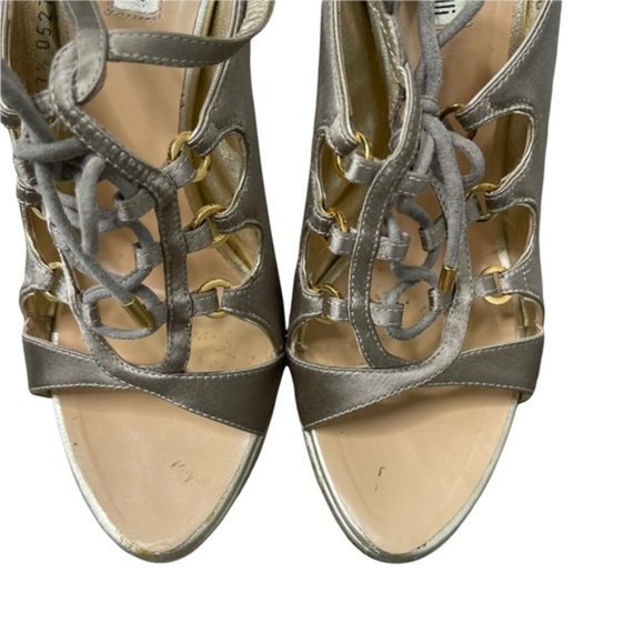 ROBERTO CAVALLI Women's Gold Satin Leather Strappy Lace Up Detail Heels Size37.5 - Picture 3 of 11